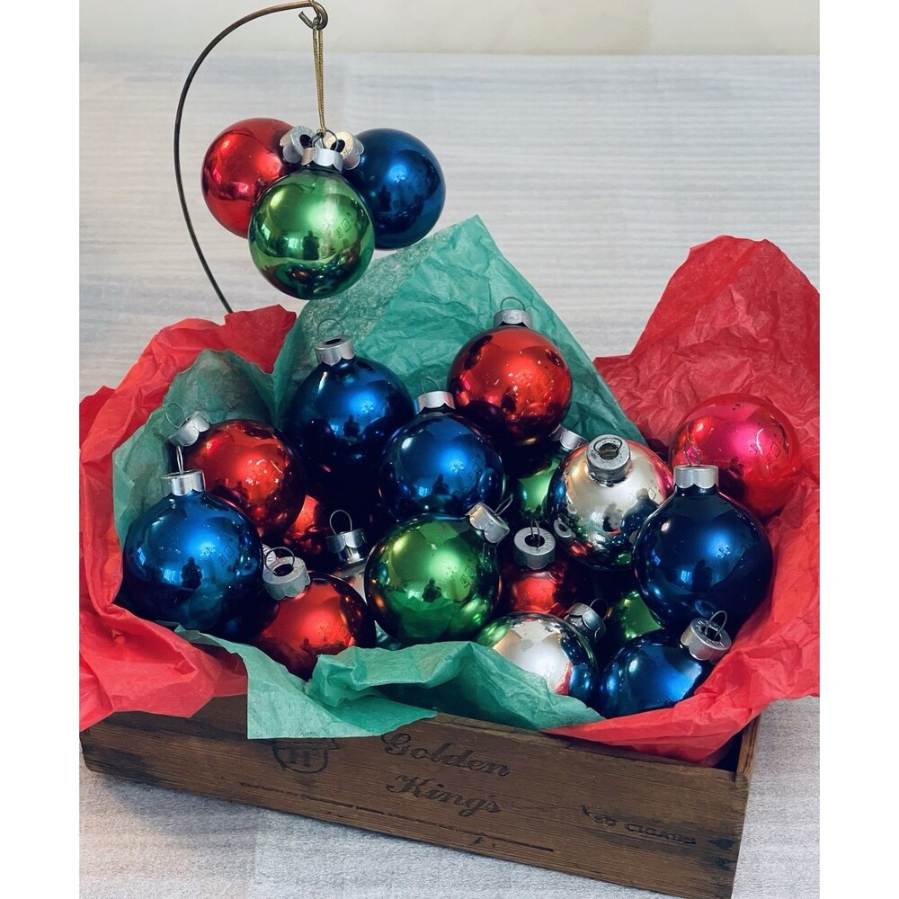 Vtg Mercury Glass Christmas Ornament Lot 23 Mix Rauch USA Red Blue Green Silver